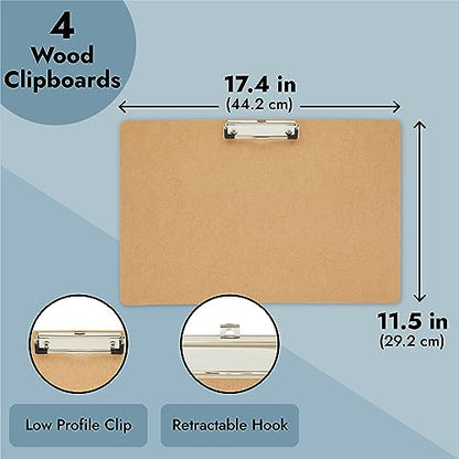 Juvale Clipboard - 11.5 x 17.4 in, Brown MDF, 4-Pack - Wood Clipboard Set with Low-Profile Metal Clip & Retractable Hook - Oversized & Portable for Drafting Board & Sketch Board Use