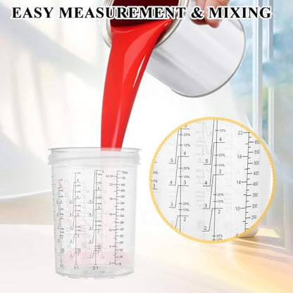 27 Oz Disposable Paint Cups for HVLP Spray Gun 27 Ounce (800ml) Cups Kit with 45 Cups and Lids System, 1 Hard Cup with Retainer Ring and 20 Cup Sealing Plugs