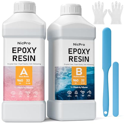 Nicpro 64OZ Crystal Clear Epoxy Resin Kit, High Gloss & Bubbles Free Resin Supplies for Coating and Casting, Craft DIY, Wood, Table Top, Bar Top, Molds, River Tables - size: 64 Ounce