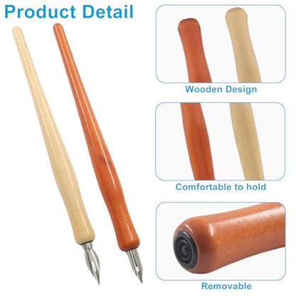 Hitefu 14 Pcs Wooden Dip Pens Set with Stainless Steel Pen nibs for Calligraphy, Manga, Writing, Drawing, Signing – Includes 2 Holders + 12 Assorted Nibs