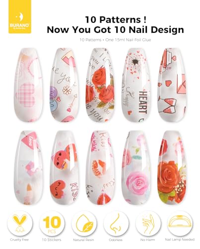 BURANO Nail Art Nail Foil Glue Gel, o.5 oz with 10PCS Foil Stickers Set Nail Foil Glue for Nails Foil Transfer Gel, Nail Design DIY UV LED Lamp Required (Love 23) - color: Love 23