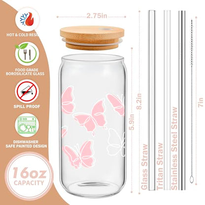 BIPEDS Butterfly Gifts for Women, Pink Cute Glass Cups with Lids and Straws, Aesthetic Iced Coffee Cup, Girly Preppy Design Tumbler Mug, Birthday Valentines Christmas, Teen Girl Gifts Trendy Stuff - color: 08-Pink Butterly