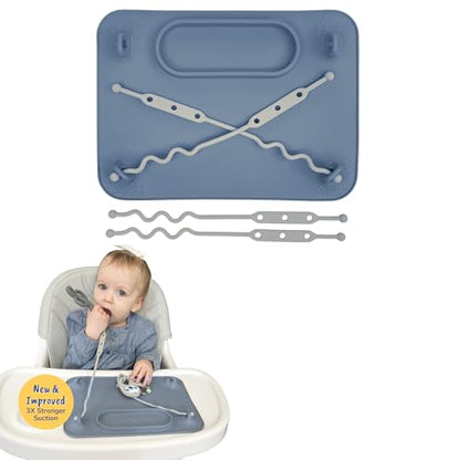 BUSY BABY Silicone Mat - NEW and Improved Suction Cups, 4 Straps to Secure Baby Essentials, Self Feeding, Baby Led Weaning, Travel Sleeve Included (Pewter) - color: Pewter