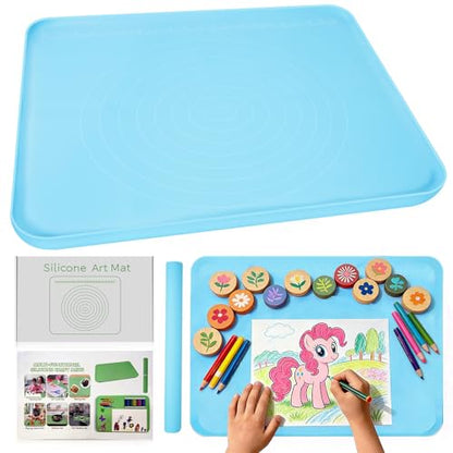 Large Silicone Mat for Crafts, 24"X19.7" Art Mat with Raised Edges for Clay, Resin, Slime, Jewelry-Making Table Protection Heat-Resistant Paint Mats, blue - color: Blue