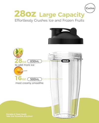 ICUCINA - 28 Oz Blender Cup Replacement with To-Go Lids, Cups for Protein Shakes, BPA Free Smoothie Cups (Pack of 2) - size: 28 Ounces