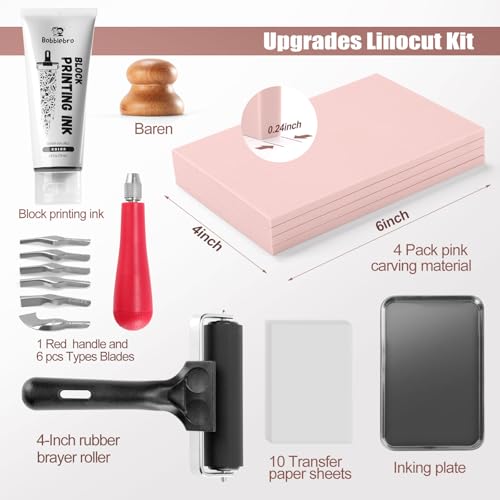 Bobblebro Linocut Kit for Printmaking with Black Ink, 12 Soft Rubber Blocks, Brayer, Carving Tools and Transfer Papers for DIY Art Projects