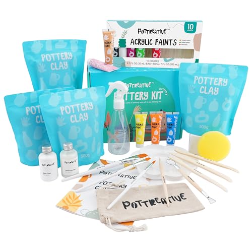 MCOOH Air Dry Clay Kit for Beginners | All-in-One Pottery Set with Sculpting Tools, Paints, Varnish, DIY Craft Kit to Make Trinkets, Home Decor, Gifts - color: Blue Package