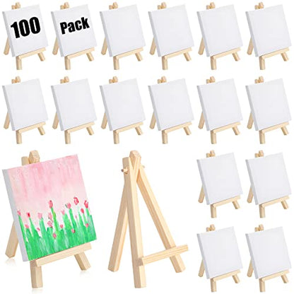 Fuutreo 200 Pcs 4 x 4 Inch Mini Canvas and Easel Set, 100 Mini Stretched Canvas with 100 Wooden Easels for Acrylic Pouring Oil Paint Water Color Painting - size: 4 x 4 Inch
