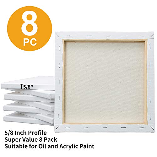 FIXSMITH Stretched White Blank Canvas - 10 x10 Inch, Bulk Pack of 8, Primed, 100% Cotton, 5/8 Inch Profile of Super Value Pack for Acrylics,Oils & Other Painting Media. - size: 10"x10"