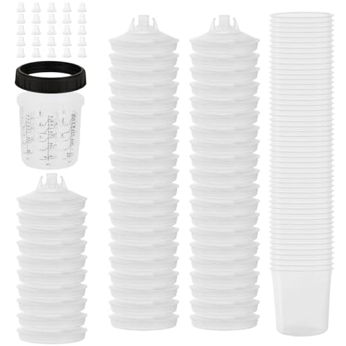 600 ml Disposable Paint Spray Gun Cup for Automotive Paint Gun, HVLP Paint Spray Paint Gun, 50 Pack Standard Size 20 Ounce Kit Paint Mixing Cups - 50 Cup Liners, 50 Lids with Strainer, 1 Hard Cup