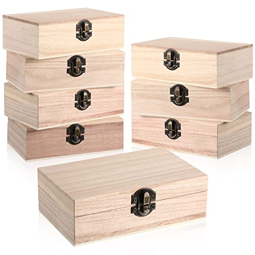 Yookeer 8 Pieces Unfinished Wooden Boxes with Hinged Lid Bulk Wood Box for Crafts Rectangle Keepsake Front Clasp Wooden Storage for Crafts Paint DIY Hobby Jewelry Arts, 6 x 3.7 x 2 Inch