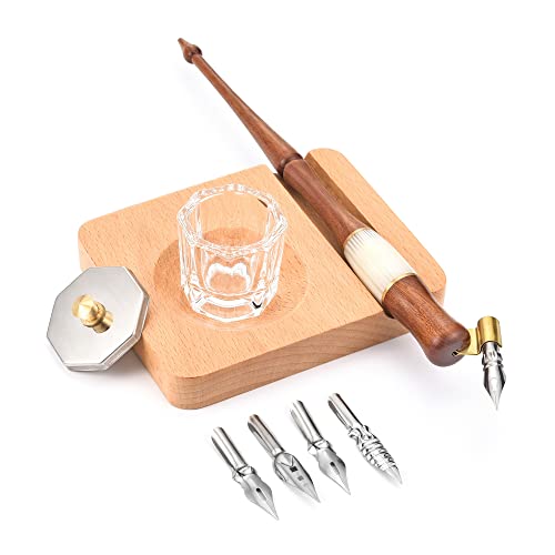 Yoption Wood Dip Pen Set, Calligraphy Oblique Nib Holder With Desktop Pen Holder, Ink Bottle Container and 5 Nibs Kit - color: Dip Pen Set
