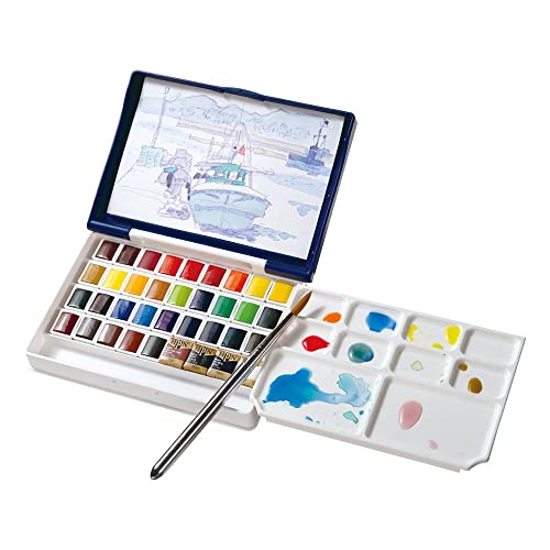 Holbein Artist's Watercolors Set of 36 Half-Pans with Brush (Palm Box Plus) PN698