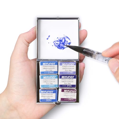 Mini Portable Handmade Artist Watercolor Paint Travel Metallic Box Set with 6 Metallic Pearlescent Solid Watercolor Half Pans (Each Capacity Approx 1.5ml) for Artists, Hobbyist.Blue Purple - color: Solid Watercolor-blue Purple