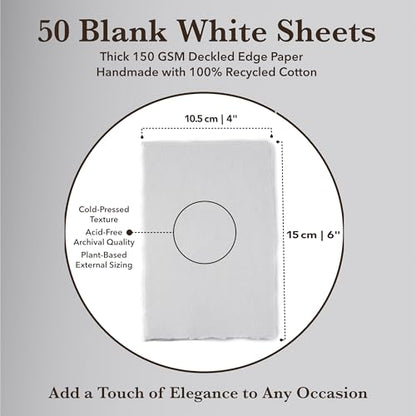 Wanderings Handmade White Deckle Edge Blank Paper - 4" x 6" - Pack of 50 - Watercolor/Mixed Media Paper - Save the Date Invitations Greeting Cards Notes DIY Arts Crafts - Thick 150 GSM - size: A6 (4"x6")