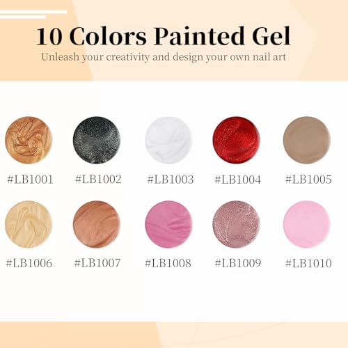 JODSONE Nail Art Gel Liner Set 10 Colors Glitter Red Black Pink Gel Nail polish Need U V Lamp Cured with Thin Brush at Home Salon Design,Gifts for Women - color: LB1001-LB1010