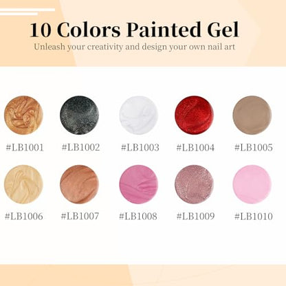 JODSONE Nail Art Gel Liner Set 10 Colors Glitter Red Black Pink Gel Nail polish Need U V Lamp Cured with Thin Brush at Home Salon Design,Gifts for Women - color: LB1001-LB1010