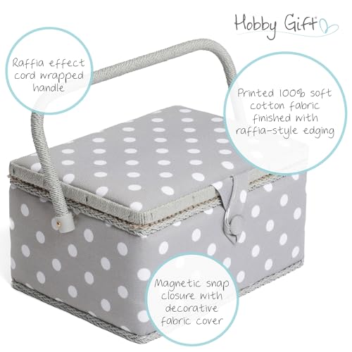 Hobby Gift Medium Sewing Box Organiser, Fabric Covered Storage Box with Handle, Internal Tray, Pin Cushion and Pocket for Sewing, Quilting and Knitting Supplies - color: Grey Spot