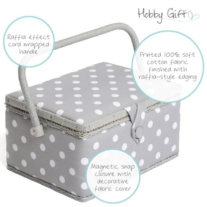 Hobby Gift Medium Sewing Box Organiser, Fabric Covered Storage Box with Handle, Internal Tray, Pin Cushion and Pocket for Sewing, Quilting and Knitting Supplies - color: Grey Spot