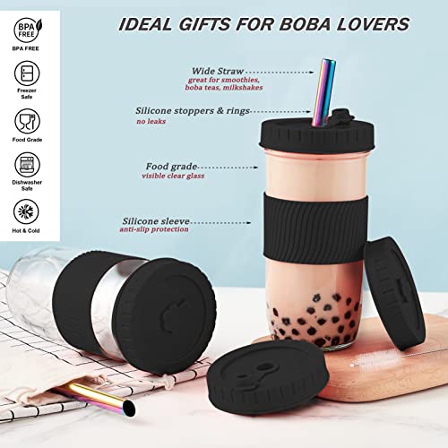 Amyoole 2 Pack Reusable Boba Cup,24Oz Wide Mouth Smoothie Cup,mason Jar Glass Cups with Lids and Straws,Bubble/Boba Tea Cups,Ice Coffee Tumbler 2 colored straws 1 sponge brush(Black) - color: Black