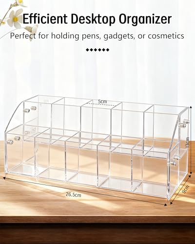 Multi-Compartment Clear Acrylic Pen Holder for Desk | Slanted Desktop Pencil Organizer & Marker Storage Case | Premium Hardware Stationary Cup for Home & Office (2 Tier) - size: 2 Layers