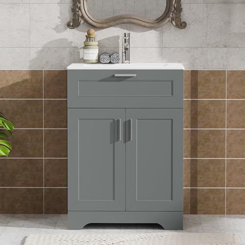 24 inch Bathroom Vanity with Ceramic Sink, Bathroom Sink and Cabinet Combo Set, Wood Vanity with Hidden Storage, Vanity Sinks for Bathrooms, Painted Surface (Grey, 24 inch) - color: Grey, size: 24 inch With Sink