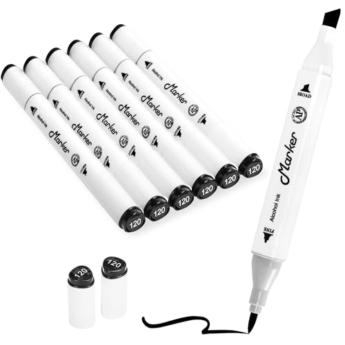 Black Alcohol Markers, 6 Pack Dual Tips Soft Fine Tip and Broad Tip Dual Tips Permanent Art Marker for Artists Adults Coloring Drawing Illustration Sketching Painting (Black) - color: Black
