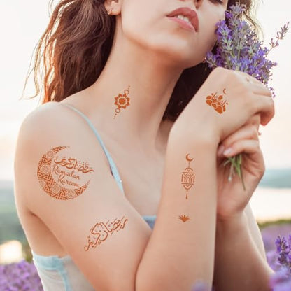 Xmasir 10 Sheets Henna Tattoo Stencil Kit Ramadan Tattoo Templates Eid Temporary Tattoos Stickers Reusable Set for Body Art Paint - size: 10P