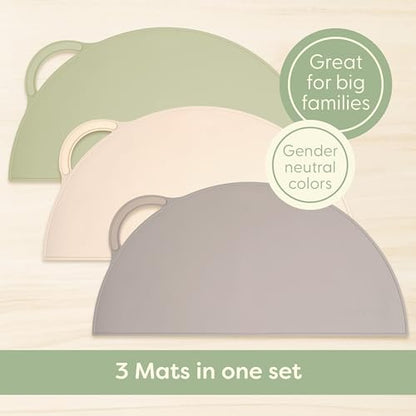 Upward Baby Silicone Suction Mat - Set of 3 Non Slip Silicone Mat - Baby Led Weaning - Kids Placemat for Dining Table High Chair - Toddler Feeding Supplies for Eating - Placemats for Restaurants - style: Gray/Beige/Green - 3pc