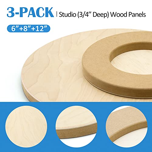 Falling in Art Unfinished Round Birch Wood Panels Kit for Painting, Wooden Canvas 3 Pack of 6, 8", and 12" Studio 3/4" Deep, Cradle Boards for Pouring, Art, Crafts, Burning and More - size: 6‘+8'+12' round 1 PACK