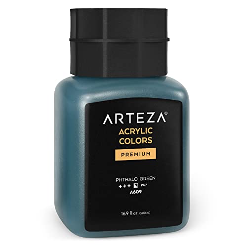 ARTEZA Acrylic Paint, A609 Phthalo Green, 16.9 fl oz, 500ml Jar, Opaque, Quick-Drying, Acrylic Paints for Painting on Canvas, Paper, Wood - color: A609 Phthalo Green, size: 16.9 Fl Oz (Pack of 1)