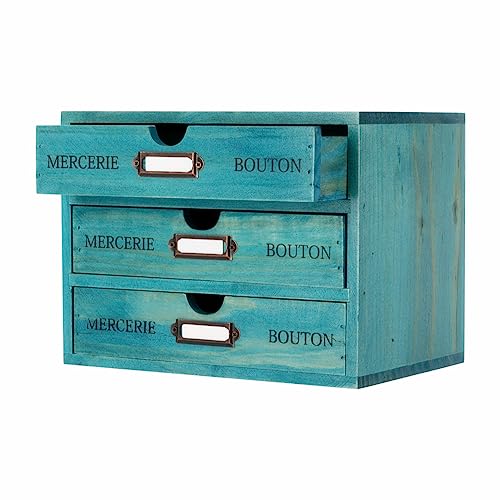 Wooden Storage Box Rustic Desktop Organizer with 3 Drawers Office Desk Accessories Shelf Small Craft Storage Containers Apothecary Cabinet and Chest Jewelry Holder for women(BLUE) - color: BLUE-SMALL03