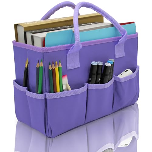 Cupohus Art Organizer Craft Storage Tote Bag with Pockets and Hadles, Oxford Fabric Carrying Caddy for Teacher, Officer, Artist, Students, Traveler, and more – Purple - color: Purple