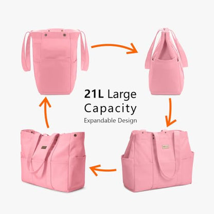 TOPDesign Large Canvas Tote Bag for Women, Shoulder Bag with Laptop Sleeve & Pockets, Everything Tote for Travel, Work (Pink) - color: Pink