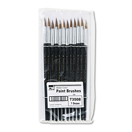 Charles Leonard Water Color Paint Brushes with Round Pointed Tip, # 8, 0.81 Inch, Camel Hair, Black Handle, 12-Pack (73508) - size: # 8 - 0.81 Inch, style: Camel Hair
