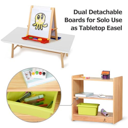 Dual-Sided Magnetic Art Easel, Wooden Activity Station w/ 2-Tier Storage Cabinet, Art Center for Toddlers, Classroom Whiteboard & Chalkboard
