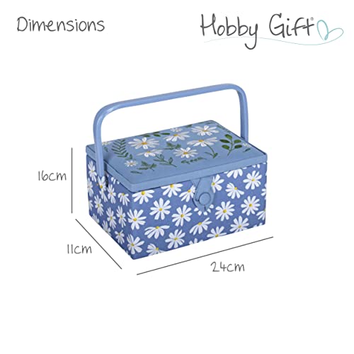 Hobby Gift Medium Sewing Box Organiser, Fabric Covered Storage Box with Handle, Internal Tray, Pin Cushion and Pocket for Sewing, Quilting and Knitting Supplies - color: Denin Daisies