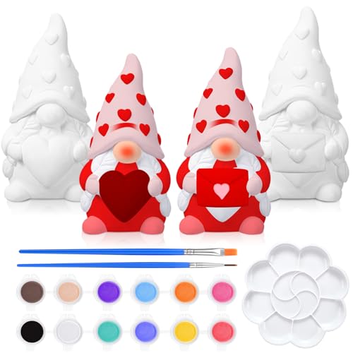 Poen 2 Pack Valentine's Day Ready to Paint Your Own Gnome Statues, Valentines Crafts for Adults 4 Inches Mini Blank Heart Ceramics to Paint Unpainted Gnome Figurines DIY for Sweet Valentine's Day Gift - style: Heart Style