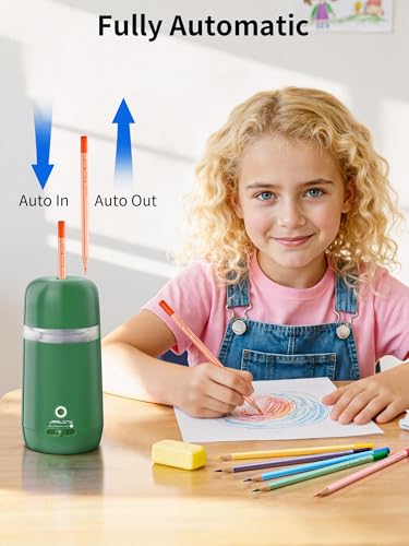 JARLINK Automatic Electric Pencil Sharpener - Hands-Free Operation, 3 Sharpness Modes, 3-Second Sharpening, Rechargeable & Portable for 7-12mm Pencils, Ideal for Classroom and Home Use (Green) - color: Green