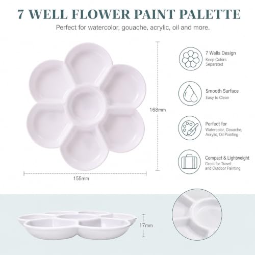 7 Well Flower Paint Palette,Watercolor Paint Palette,Gouache Palette,Paint Mixing Palette for Watercolor Painting Palette Acrylic Painting for Studio, Plein Air and Travel Painting, White