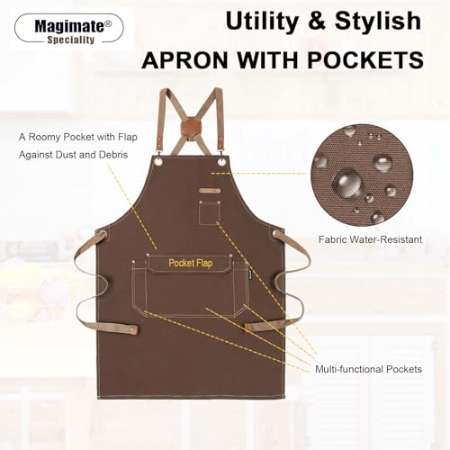 Chef Apron with Cross Back Straps for Men Women, Cotton Canvas Apron for Artists Painting, Kitchen Cooking - color: Brown, 6pack