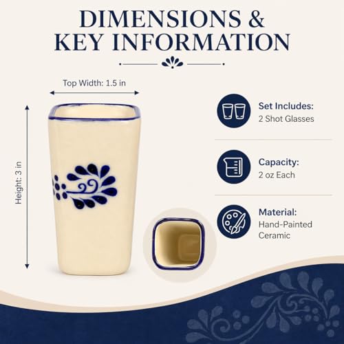 Hand-Painted Mexican Ceramic Shot Glasses, Square Tequilero Cups – 2 oz Each, Set of 2 – Colonial White with Blue Design – Tequila, Mezcal & Sangrita - White Cuadrado