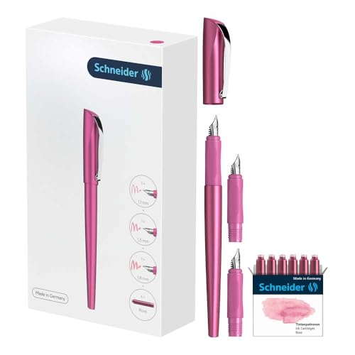 Schneider Callissima Calligraphy Fountain Pen Gift Set: Metallic Pink, 1.1 mm, 1.5 mm, 1.8 mm Interchangeable Tips + Pack of 6 Rose Ink Cartridges (143809)