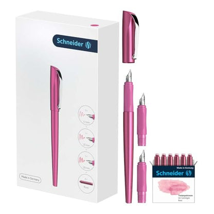 Schneider Callissima Calligraphy Fountain Pen Gift Set: Metallic Pink, 1.1 mm, 1.5 mm, 1.8 mm Interchangeable Tips + Pack of 6 Rose Ink Cartridges (143809)
