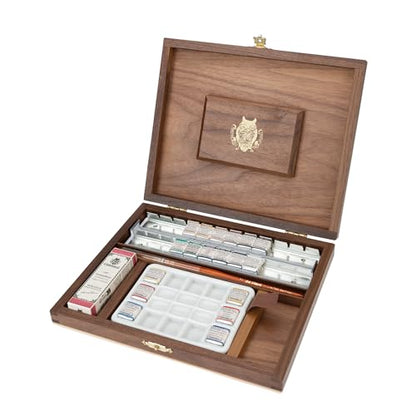 Schmincke - HORADAM® AQUARELL luxury wooden box of the RETRO Line with 19 finest watercolours, 74650097, 18 x 1/2 cups + cochineal red in 15 ml, porcelain palette, brushes