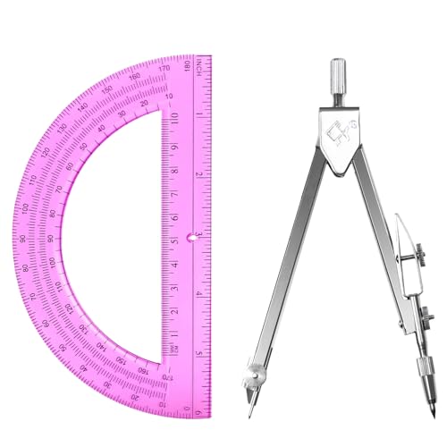 Students Geometry Math Set, Drawing Compass and 6 Inch Transparent Swing arm Protractor 180 Degree Math Protractor (Pink) - color: Pink