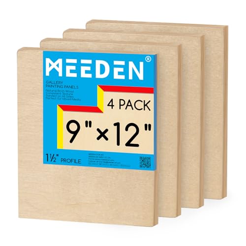 MEEDEN Unfinished Wood Canvas Board: 1-1/2" Deep 9x12” Wooden Canvas Panel Pack of 4 - Blank Cradled Wood Art Board for Painting - size: 9"x12"- 4 Pack