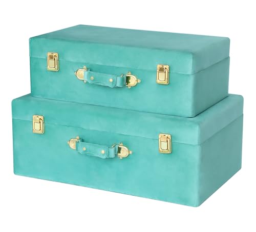 HofferRuffer Velvet Storage Trunks with Wood Frame, Set of 2 Storage Chests with Handles, Bedroom Organizer Nesting Upholstered Decorative Boxes Hinged Lid with Gold Hardware Accents (Green Trunks) - color: Green Trunks