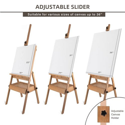 Beech Wood Painting Easel with Storage Drawer and 2 Palettes, H-Frame Adjustable Art Wooden Easel Stand with Signature Box for Adults, Students,Sturdy Canvas Holder up to 36'' - style: Easel Max