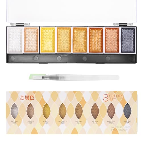 LIGHTWISH Metallic Waterolor Paints,8 Shimmery Gold Colors, Artist Glitter Solid Watercolors with 1 Water Brush Pen for Artists, Students and Painting Beginners - color: 8 Metallic Colors